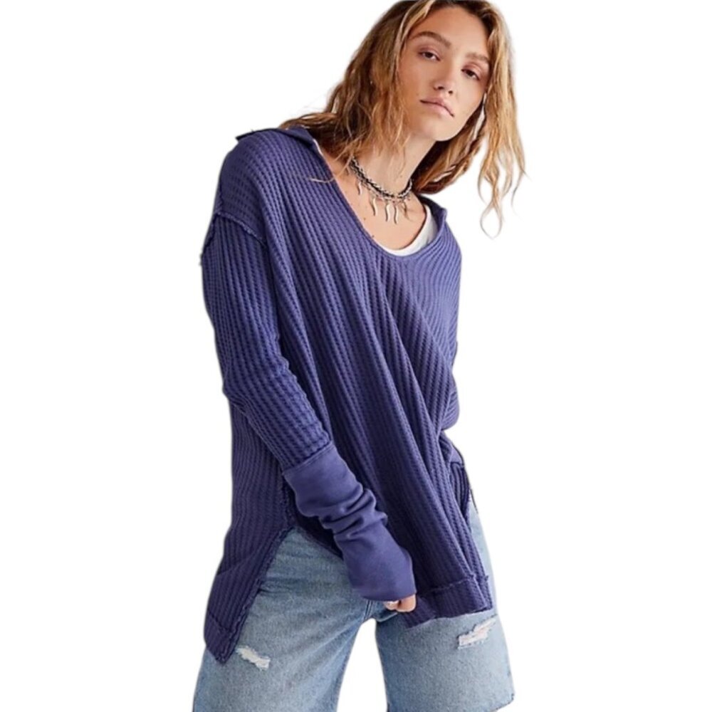 Free People Raymond Thermal Top Womens Size L Thumb Holes Slouchy Blue Ice Dye